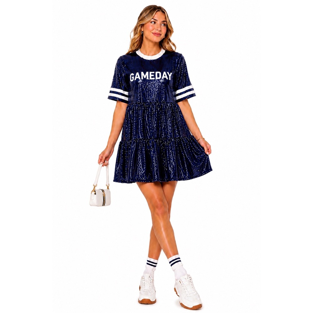Francescas Navy Blue Sequin Game Day Tiered Mini‎ Dress Womens M